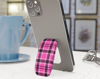 Pink, Black and White Buffalo Plaid Phone Click-On Grip, Removable Phone Grip, Buffalo Plaid, Phone Grip, Re-adjustable, Washable, Selfie