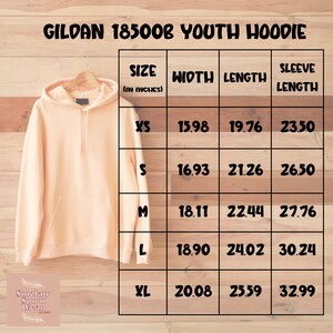May include: A peach-colored youth hoodie with a hood and a drawstring. A size chart shows the width, length, and sleeve length in inches for sizes XS, S, M, L, and XL.