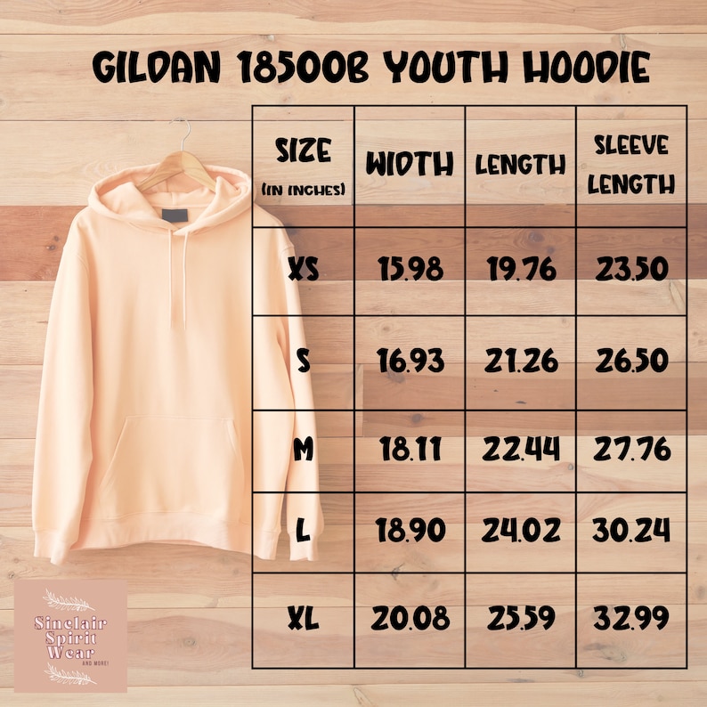 May include: A peach-colored youth hoodie with a hood and a drawstring. A size chart shows the width, length, and sleeve length in inches for sizes XS, S, M, L, and XL.