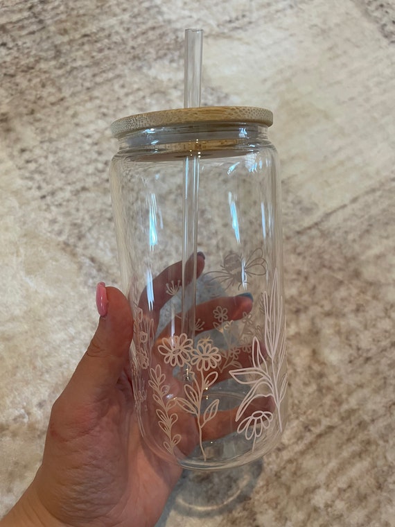 Glass Beer Can / Glass Can / Glass Iced Coffee Cup / Floral 