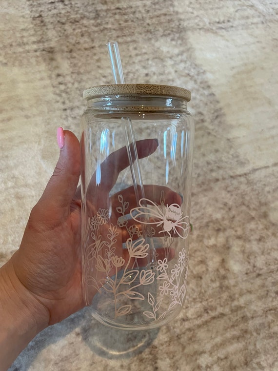 Glass Coffee Cup, Beer Glass Cup, Floral Glass Can, Soda Glass Cup