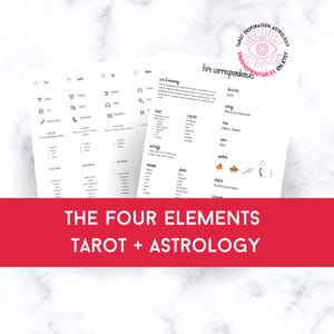 May include: A printable guide to the four elements of tarot and astrology. The guide includes correspondences for fire, earth, air, and water, with lists of tarot cards, zodiac signs, crystals, animals, plants, and more.