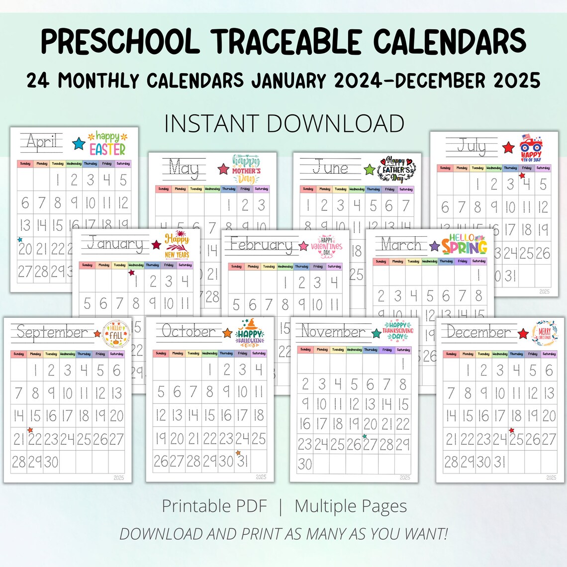 Traceable Monthly Calendar January 2024 December 2025, Morning Menu Calendar, Preschool