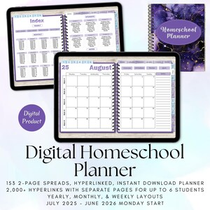 May include: Digital homeschool planner with a purple and blue galaxy design. The planner includes an index, monthly calendar, and weekly layouts. The text "Homeschool Planner" is on the cover.
