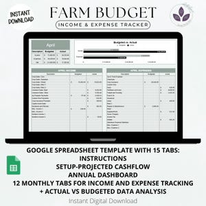 May include: A digital farm budget spreadsheet displayed on a laptop screen. The spreadsheet includes sections for income, expenses, and a comparison of budgeted versus actual figures. Text on the screen reads "Farm Budget" and "Instant Download."