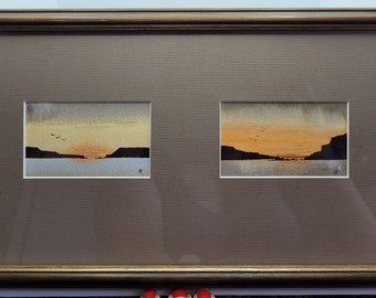 Vtg Original Duo Watercolour Miniatures Framed Signed By Artist PP, 14.5x7"