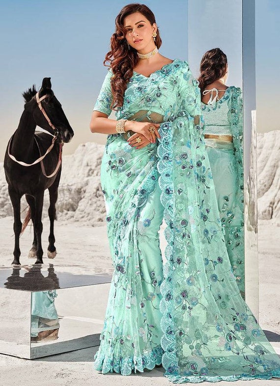 Aqua Blue Floral Embroidered Indian Wedding Saree Etsy Canada