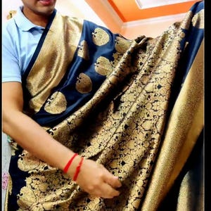 Navy blue  banarasi handloom satin silk saree