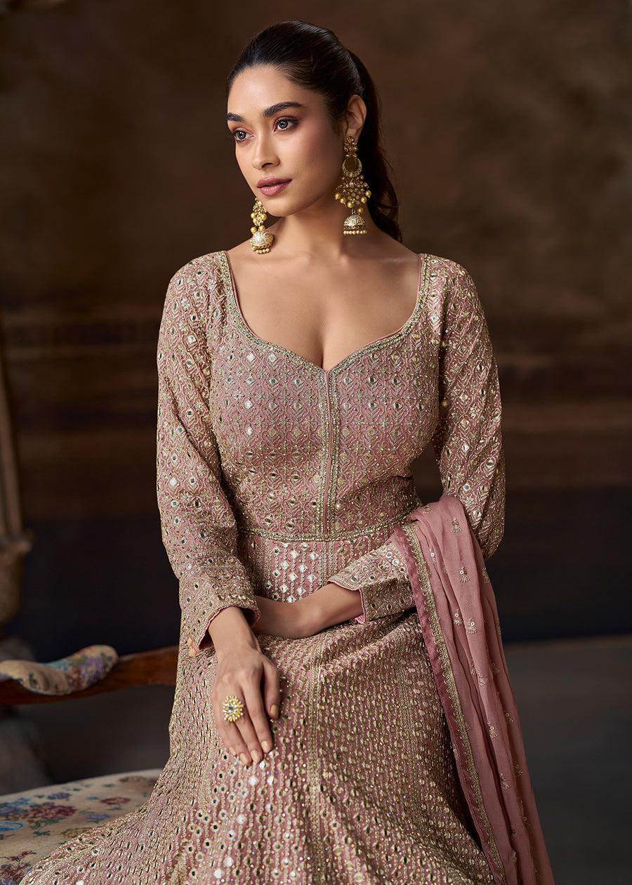 Ombre Pink Heavy Embroidered Wedding Anarkali Gown