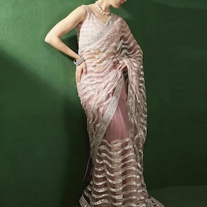 Baby Pink Net Saree: Sequins & Thread Embroidery, Designer Blouse