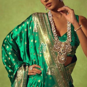 Rama Green Pure satin Silk Kadhwa Booti Banarasi Saree With sworski diamond Border
