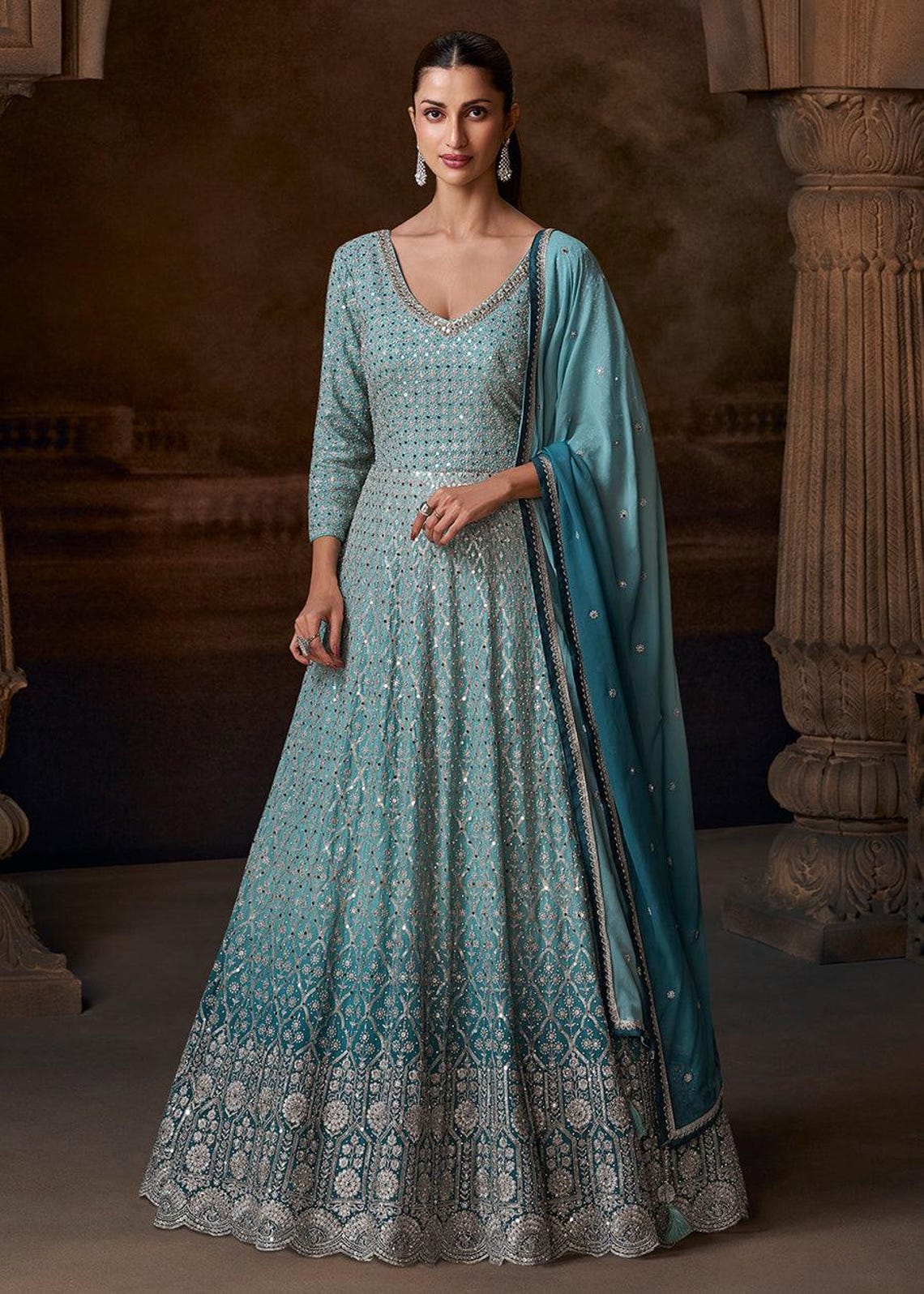 Ombre Pink Heavy Embroidered Wedding Anarkali Gown main image 1