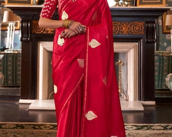 Rose Red Zari Butta Woven Banarasi Silk Saree :