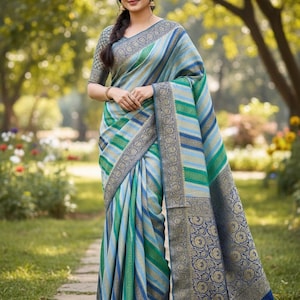 RANG-bahar rang kaat khaddi georget handloom banarasi saree in subtel shades of green