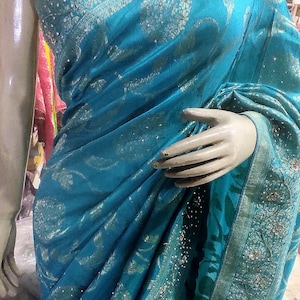 Robin-Egg Blue Sari from Banaras with All-Over Floral Weave