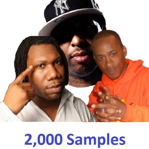 Puede incluir: Tres hombres, uno con una gorra de béisbol negra y blanca, otro con rastas y el tercero con una camisa naranja, aparecen en una foto. El texto "2.000 Samples" está en la parte inferior de la imagen.