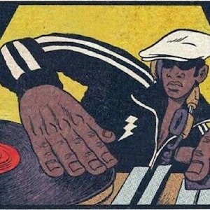 May include: A black and white illustration of a person wearing a white cap and a black jacket with white stripes, mixing music on a turntable. The person's hand is on the turntable and the other hand is on the mixer.