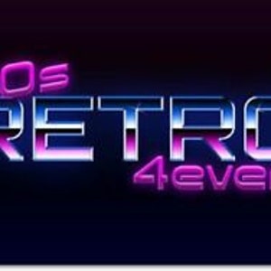 May include: Neon sign with the text "80s Retro 4ever" in a retro 80s style font. The sign is pink, blue, and white with a black background.