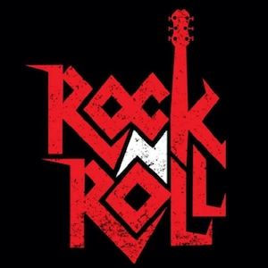 Peut inclure: Conception graphique rouge et blanche avec le texte "Rock N Roll" et un manche de guitare. Le design a un aspect vieilli.