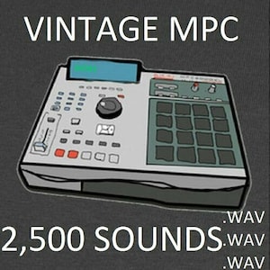 Op de afbeelding: Illustratie van een vintage MPC drumcomputer met de tekst "VINTAGE MPC" erboven. De machine is lichtgrijs met een blauw scherm, zwarte knoppen en een raster van donkergrijze pads. De tekst "2.500 SOUNDS" staat eronder, met ".WAV" tekst.