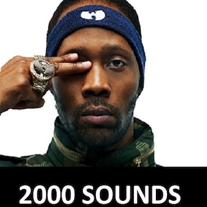 May include: A man with a dark complexion is wearing a blue headband with a white Wu-Tang Clan logo. He is wearing a camouflage jacket and has a gold ring on his finger. The text "2000 SOUNDS" is displayed below the image.