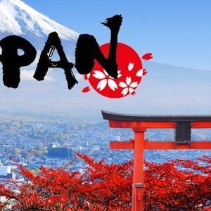 May include: A red and white Japanese umbrella with a woman wearing a red kimono and a floral pattern. The background features Mount Fuji, a city, and a red torii gate.