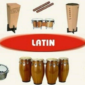 May include: A collection of Latin percussion instruments, including bongos, congas, timbales, claves, and a guiro. The instruments are arranged on a white background with the word "LATIN" in red letters.
