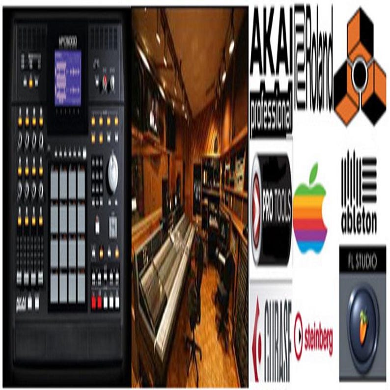 May include: A black MPC1000 music production sampler with a digital display and a grid of buttons. The sampler is in a recording studio with a large mixing console and a wooden floor. The image also includes logos for music software and hardware brands, including Akai, Roland, Pro Tools, Ableton, FL Studio, Steinberg, and more.