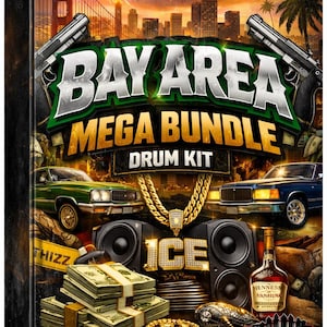 May include: A digital product box art for a "Bay Area Mega Bundle Drum Kit" featuring a cityscape, guns, cars, stacks of cash, and gold jewelry. The design has a hip-hop theme with the word "ICE" in gold.