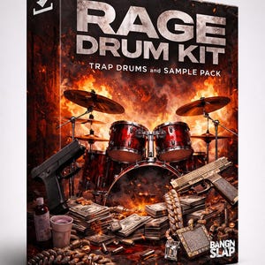 May include: A product box titled "RAGE DRUM KIT" with "TRAP DRUMS and SAMPLE PACK" text. The image features a drum set, two pistols, stacks of cash, and a gold chain. The background is a fiery, orange and red design.