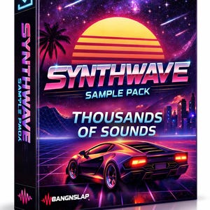 May include: A Synthwave sample pack box with a retro design. The cover features a sunset, a futuristic car, and the text "Synthwave Sample Pack" and "Thousands of Sounds". The colour scheme includes purple, pink, and blue.