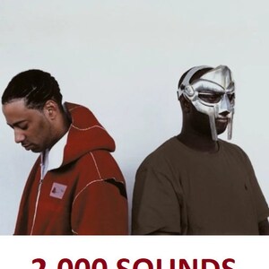 May include: Two men, one wearing a red jacket and the other wearing a brown shirt and a silver mask, stand side-by-side in front of a white wall. The text "2,000 SOUNDS" is printed below the image.