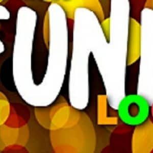 Pode incluir: Um gráfico branco com a palavra "FUNK" em letras grandes e estilizadas e a palavra "LOOPS" em letras menores e coloridas. O fundo é uma imagem desfocada de círculos amarelos, laranja e vermelhos.