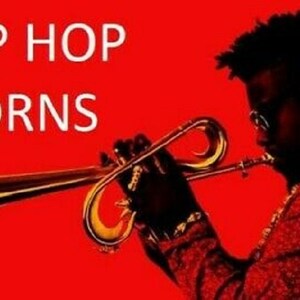 Könnte beinhalten: Eine Person spielt eine goldene Trompete mit den Worten "HIP HOP HORNS" in weiß auf rotem Hintergrund.