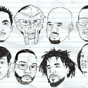 May include: Black and white line drawings of eight different people's faces. The faces are drawn in a simple style with minimal detail.
