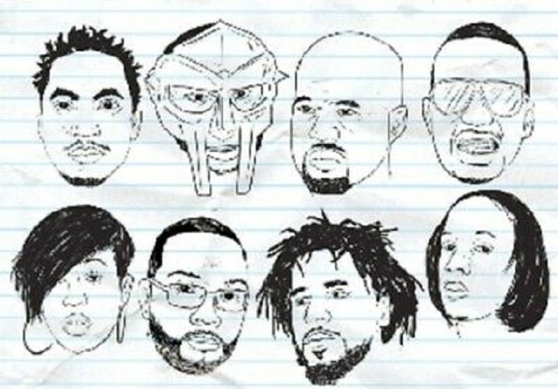 May include: Black and white line drawings of eight different people's faces. The faces are drawn in a simple style with minimal detail.