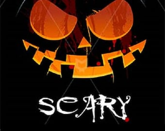 Pode incluir: Uma abóbora de Halloween assustadora com um largo sorriso cheio de dentes e olhos laranja brilhantes. O fundo é escuro e sombrio, com o texto "Scary Samples" abaixo da abóbora.