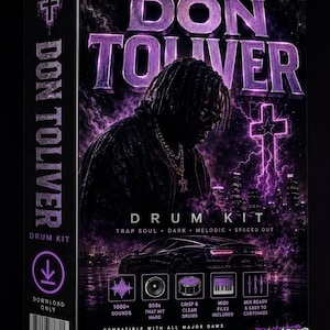 May include: A rectangular product box for a Don Toliver drum kit featuring a purple and black colour scheme. The front displays a silhouette of a person, a sports car, a glowing cross, and text including "1000+ Sounds," "808s That Hit Hard," and "Bangnslap."