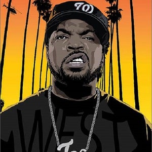 May include: A black and white illustration of a man wearing a black baseball cap with the number "70" on it. He is wearing a black shirt with a silver chain necklace and the word "West" written on it. The background is a yellow and orange gradient with palm trees.
