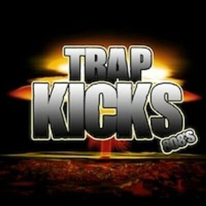 May include: A graphic featuring the text "TRAP KICKS" in a silver, blocky font, set against a yellow and orange explosion-like backdrop. The text "BOB'S" is in a smaller font in the lower right corner.