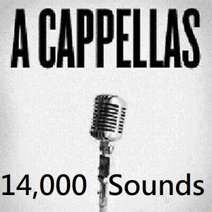 Può includere: Un'immagine in bianco e nero di un microfono con il testo "A Cappellas" e "14.000 Sounds" sotto.