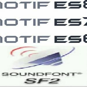 May include: A SoundFont logo with the text "SoundFont" and "SF2" in white on a blue and white background. The text "MOTIF ES8", "MOTIF ES7", and "MOTIF ES6" is in grey above the logo.