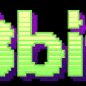 May include: 8-bit text in a pixelated style with a green and purple colour scheme.