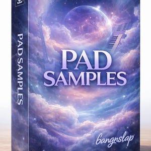 May include: A product box with a celestial design featuring a planet, clouds, and musical instruments. The text "PAD SAMPLES" is prominently displayed in purple, with "bangnslap" in the bottom right corner. The box is on a wooden surface.