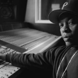 May include: Black and white image of a person in a recording studio. The person is wearing a baseball cap with a "P" on it and a chain necklace. The person is operating a mixing console with many buttons and sliders.