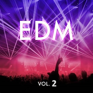 Könnte beinhalten: Eine Menschenmenge bei einem Konzert mit leuchtend violetten und pinkfarbenen Laserlichtern. Das Wort "EDM" wird in weißen Buchstaben in der Mitte des Bildes angezeigt. Der Text "VOL. 2" wird in weißen Buchstaben am unteren Rand des Bildes angezeigt.
