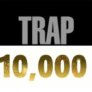 以下が含まれることがあります： 白黒の画像で、白い背景に大きなグレーの文字で「TRAP」と書いてあり、その下に金色の文字で「10,000」と書いてある。