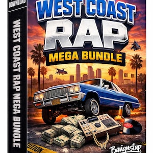 May include: A West Coast Rap Mega Bundle digital product box featuring a blue lowrider car, stacks of cash, a gold chain, a music sampler, and a vinyl record against a sunset city skyline with helicopters and yellow caution tape.