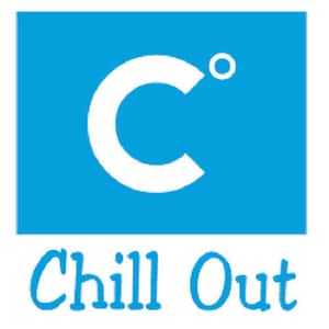 May include: A blue square with a white "C" with a degree symbol. The text "Chill Out" is written in white cursive below the square.