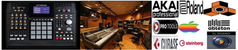 May include: A music production studio with a variety of equipment, including a drum machine, a mixing console, and a computer. The studio is decorated with logos of popular music software companies, including Akai, Roland, Pro Tools, Ableton, FL Studio, and Steinberg.
